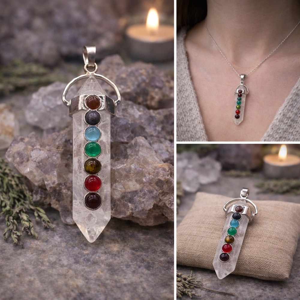 Quartz Point Pendant Chakra Stone Inlay Witchy Boho Crystal‎ Statement Jewelry